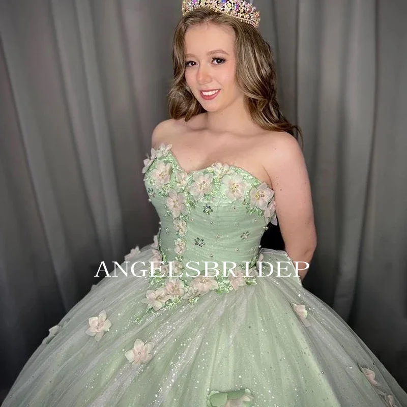 Angelsbride Salie Groene Kralen 3d Appliques Strik Sweet 16 Jurk Vestido De 15 Quinceañera Baljurk Quinnceanera Jurken