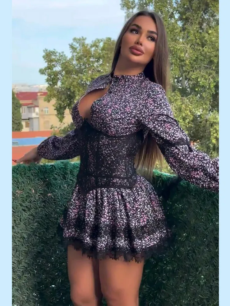Damen-Minikleider mit Aufdruck, Taillenschnürung, Laternenärmeln, Kurzkleid mit O-Ausschnitt, Spitzen-Patchwork, Schlanker Schnitt, Partykleidung, Neu – Detail 18