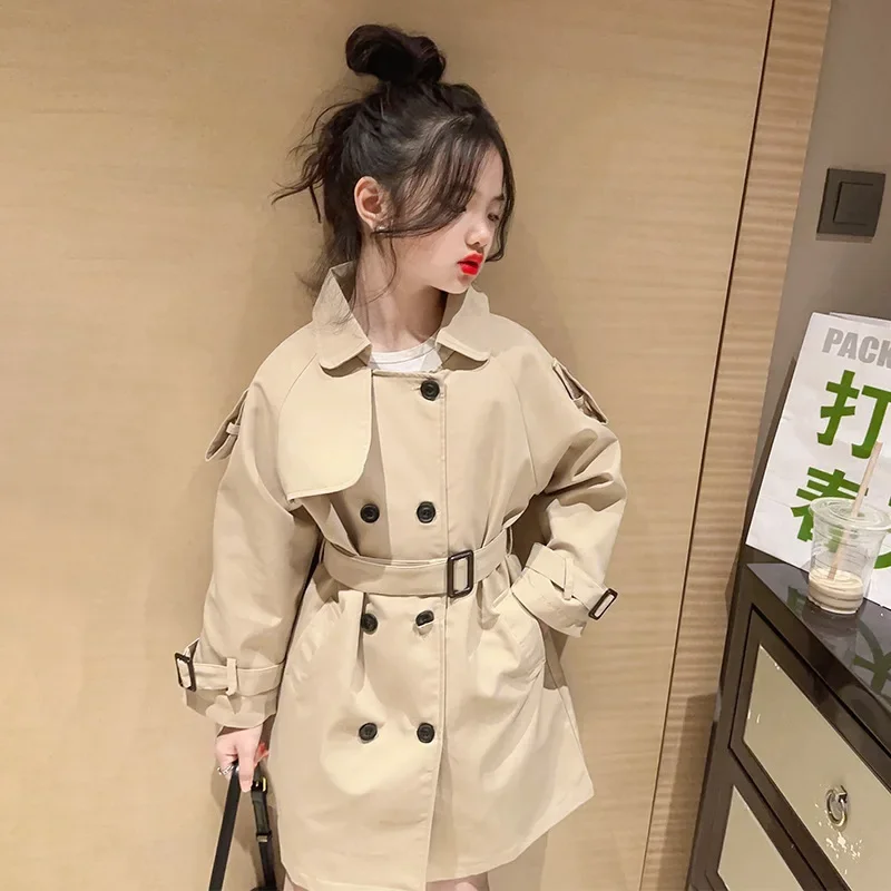 5-14Years Teenage Girls Trench Coat with Sashes Classical Long Khaki Jackets Children's Double-Breasted England Style Outerwear