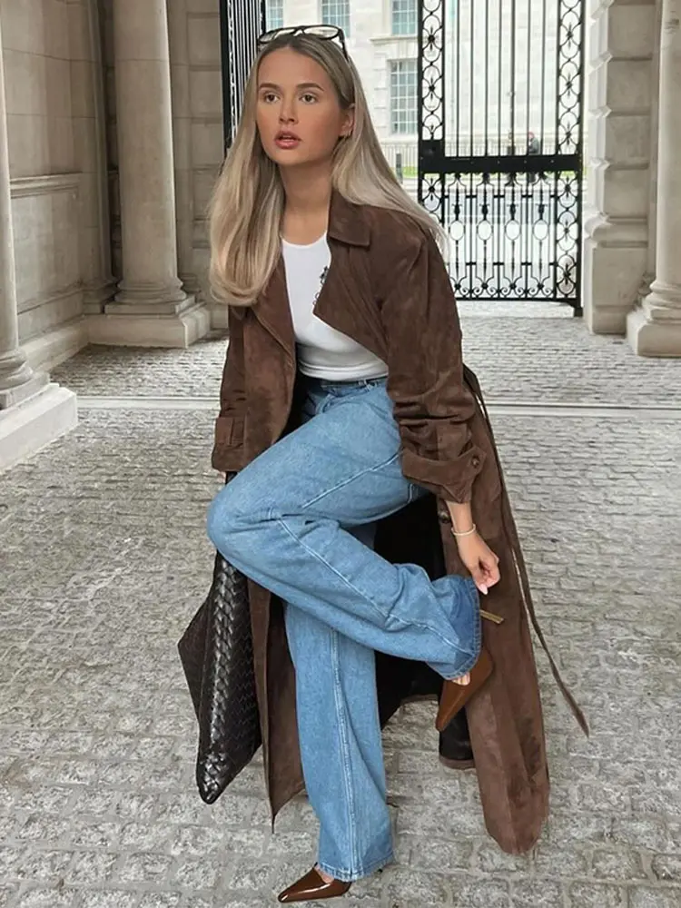 Elegant Suede Leather Long Windbreaker Coat Women Chic Lapel Double Button Oversize Jacket 2024 Autumn Lady Outwear Streetwear