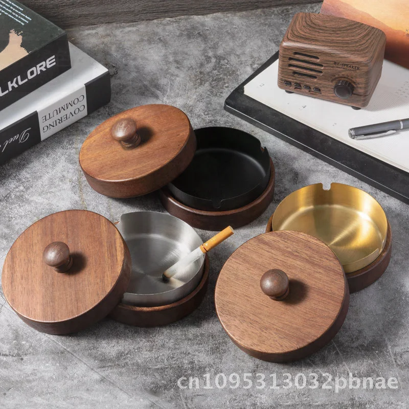 

Black Walnut Ashtray with Lid Wooden Trendy Personalized Ashtray for Home Office Living Room Anti-fly Design with Handle Options