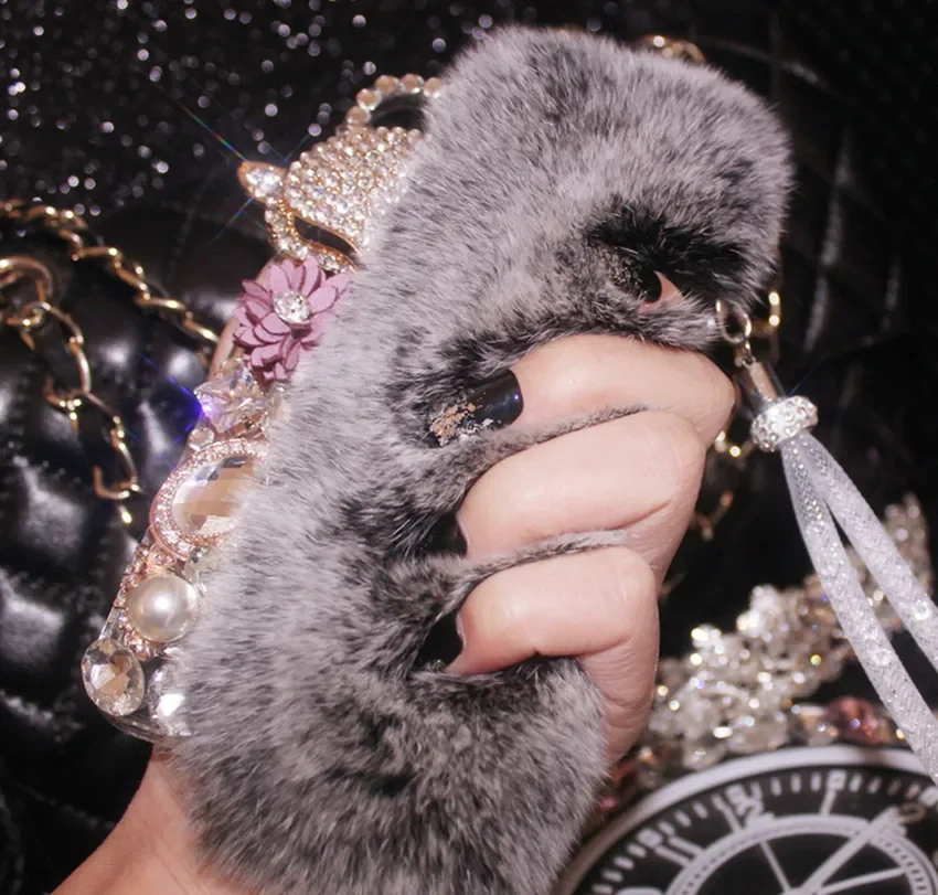 Luxury Soft fluffy Rabbit Fur Bling Diamond Fox Head Flower Pearl Phone Case For iPhone14 16 12 13 15Pro Max XR XS 16Plus Case