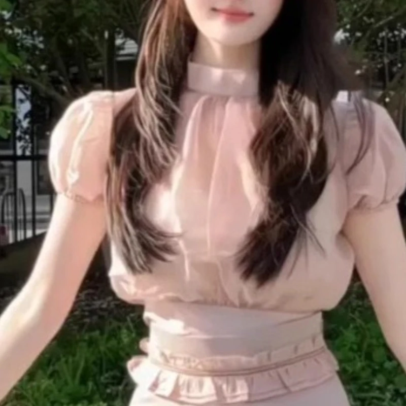 

2025 Summer New Japan Style Office Lady Elegant Blouse Stand Collar Puff Sleeve See-through Top Solid Sweet Fairy Blusas Mujer