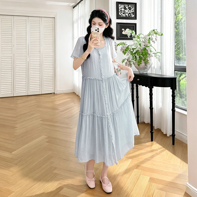 Fashion maternity ball gown dress pregnancy long loose dress summer plus size pregnant woman clothes sweet lace patchwork o-neck