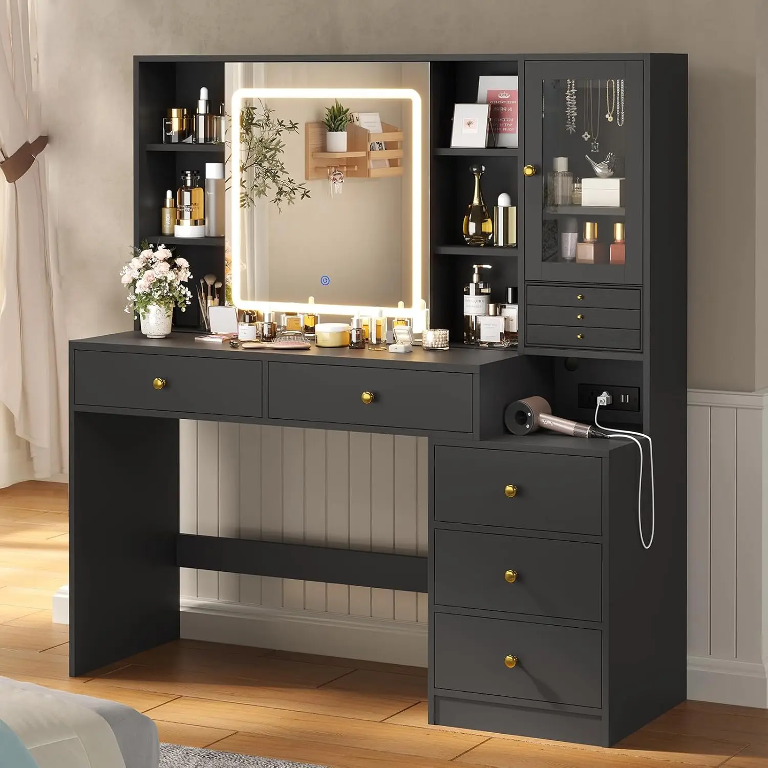 Meja Rias Rias dengan Cermin Geser Menyala & Organizer Perhiasan, Meja Rias Rias dengan 5 Laci, Hitam Modern