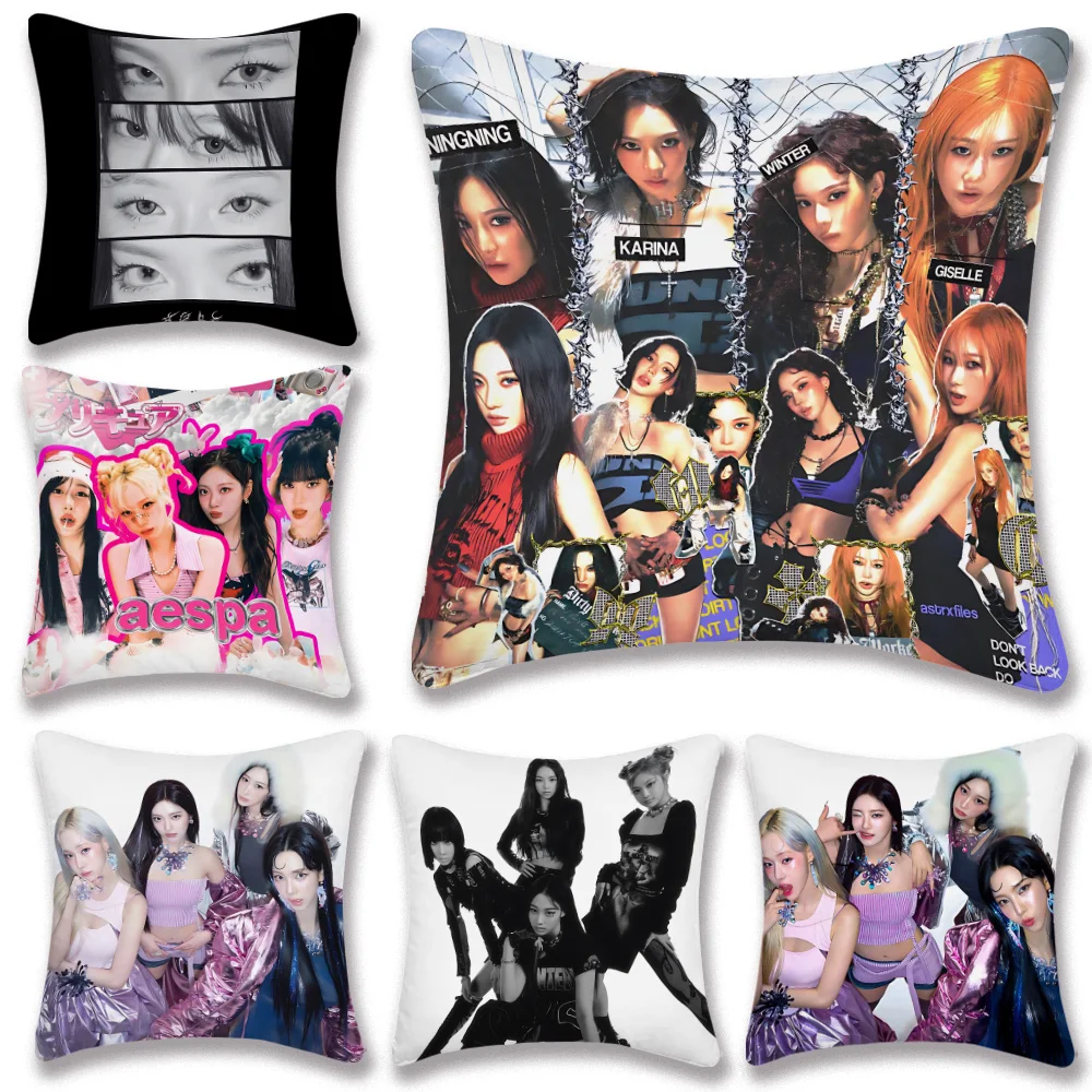 Music Group Pillow Covers Cartoon Sofa Decorative Home Double-sided Printing Short Plush Cute Cushion-A-Aespas-Cover