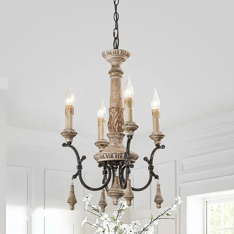 French retro chandelier, bedroom dining room light, American medieval solid wood carving homestay candle light