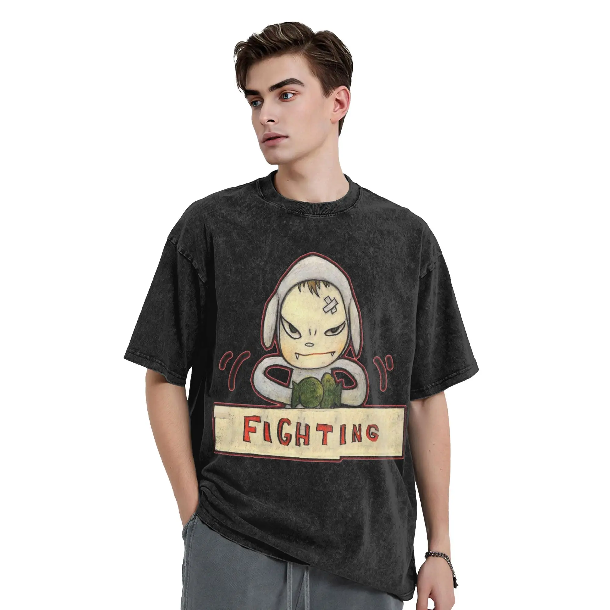 yoshitomo nara. Fighting ! we are punks Men's T Shirt Washed  Tee Shirt Short Sleeve Round Collar T-Shirts Cotton Summer Clothes