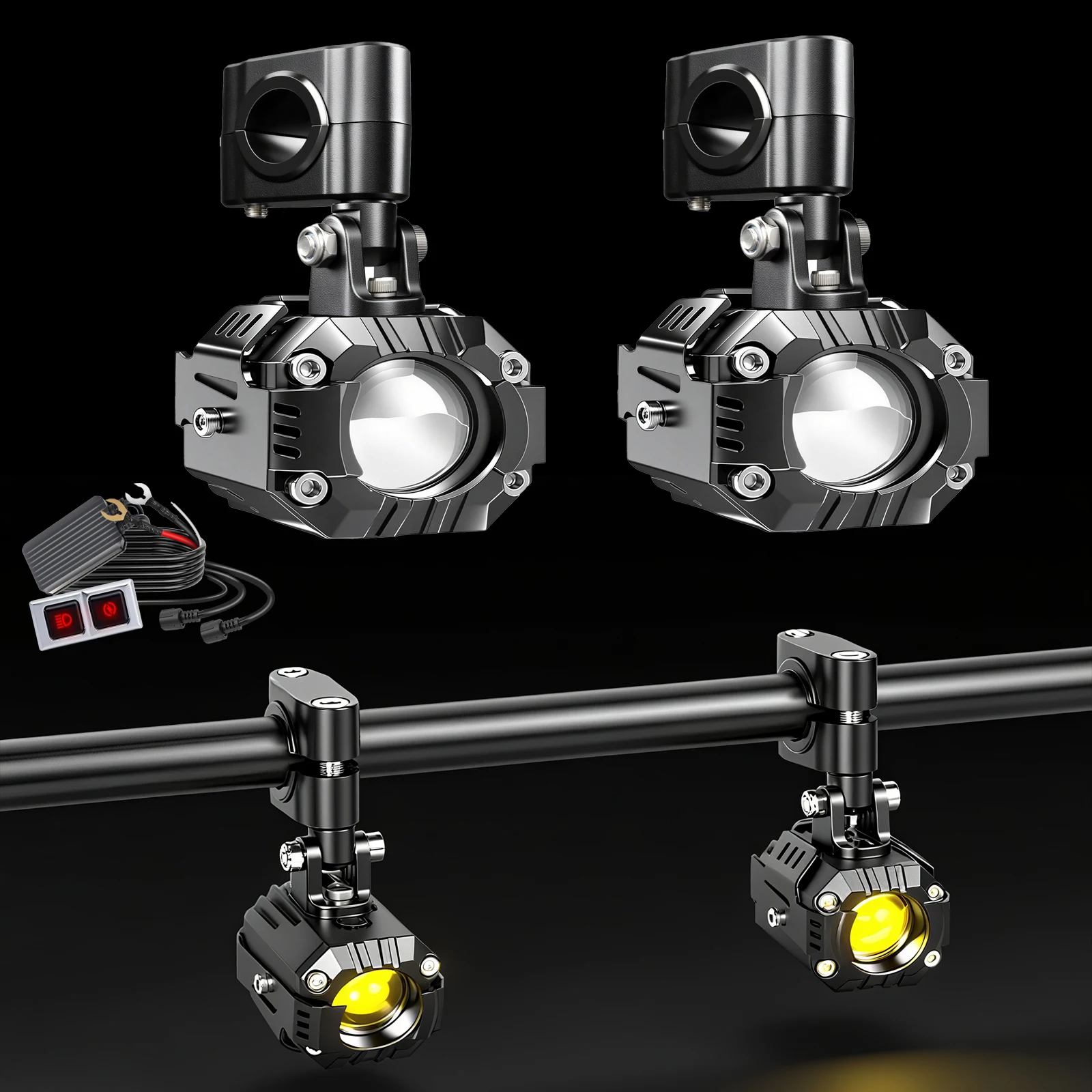 

BraveWAY [Strobe] Motorcycle Auxiliary Driving Light White+Yellow, Motorcycle LED Fog Light Kit for ADV Adventure Touring Bike