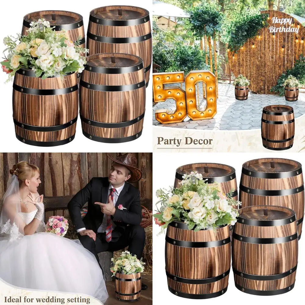 

Set of 4 Wooden Wine Barrel Vases for Vintage Floral Arrangements, Suitable for Home, Garden, and Party Decor (8 x 6.5 Inches)