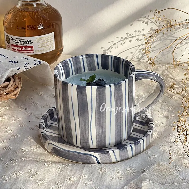 Mugs Coffee Cup Beautiful Hand Drawn Ceramics Stripe Cup Dish Retro Afternoon Tea Northern Europe Style Simple Fashion