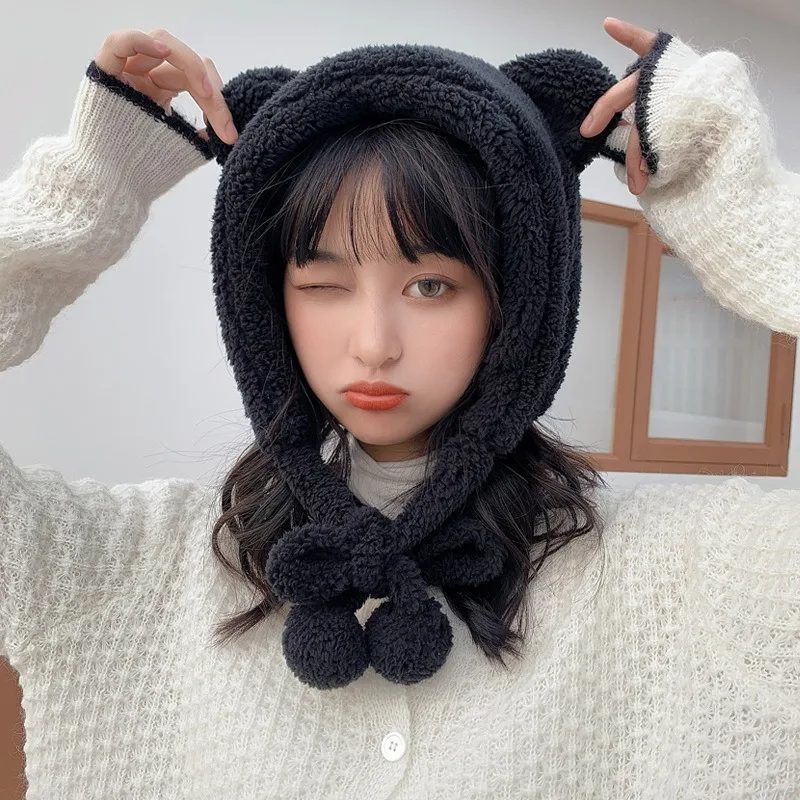 Cute Bear Ear Beanies Hat Women Earmuffs Cap Fleece Crochet Bonnet Solid Color Hood Beanies Fuzzy Winter Thick Warm Scarf Caps