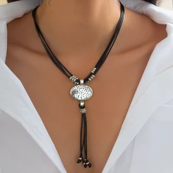 KunJoe Vintage Round Pendant Long Tassel Necklace for Women Ethnic Multi Layer Leather Rope Chain Choker Neck Jewelry Accessory