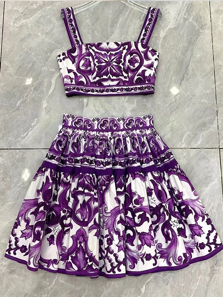 

2025 Summer New Women's Suit Blue and White Porcelain Printed Short-sleeved Waist Short Top+High Waist Short Skirt Two-piece Set