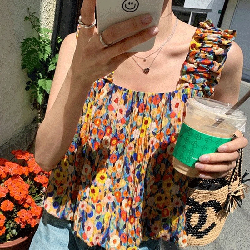 Sleeveless Square Collar Printing Loose Tank Top Camis Floral Casual Summer Thin Cute Sweet Young Style Women\'s Clothing 2023