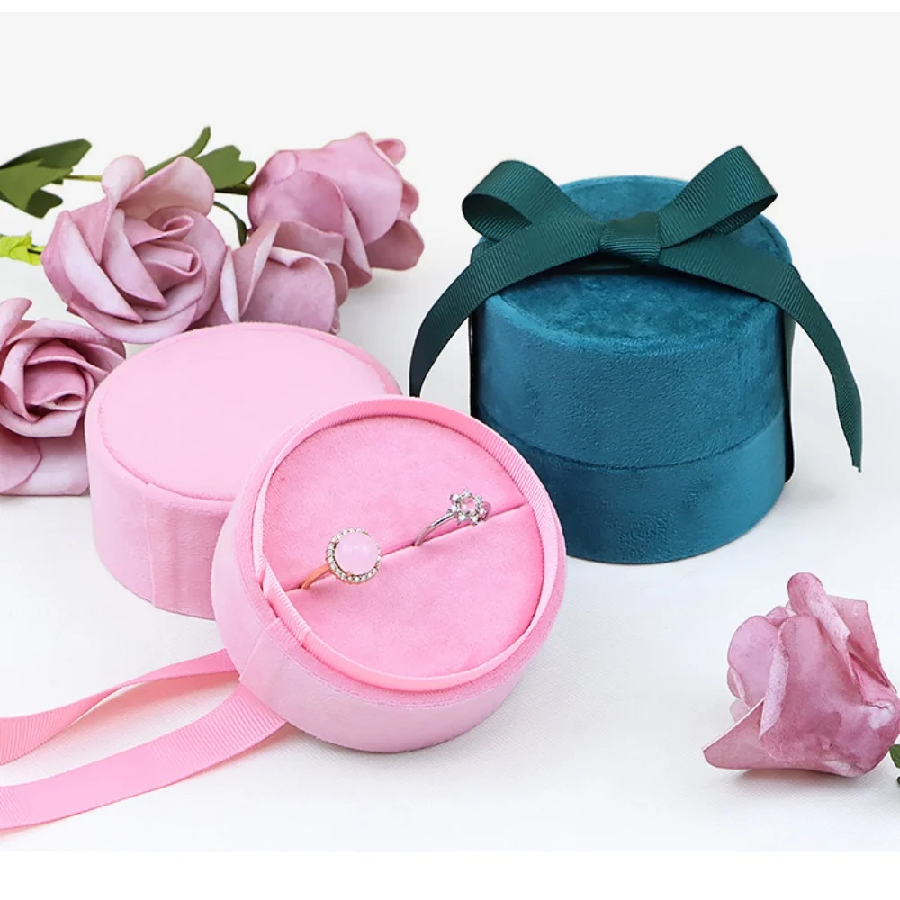 Round Velvet Jewelry Box  Ribbon Gift Packaging Display Earrings Ring Necklace Pendant Storage Box Round Jewelry Organizer