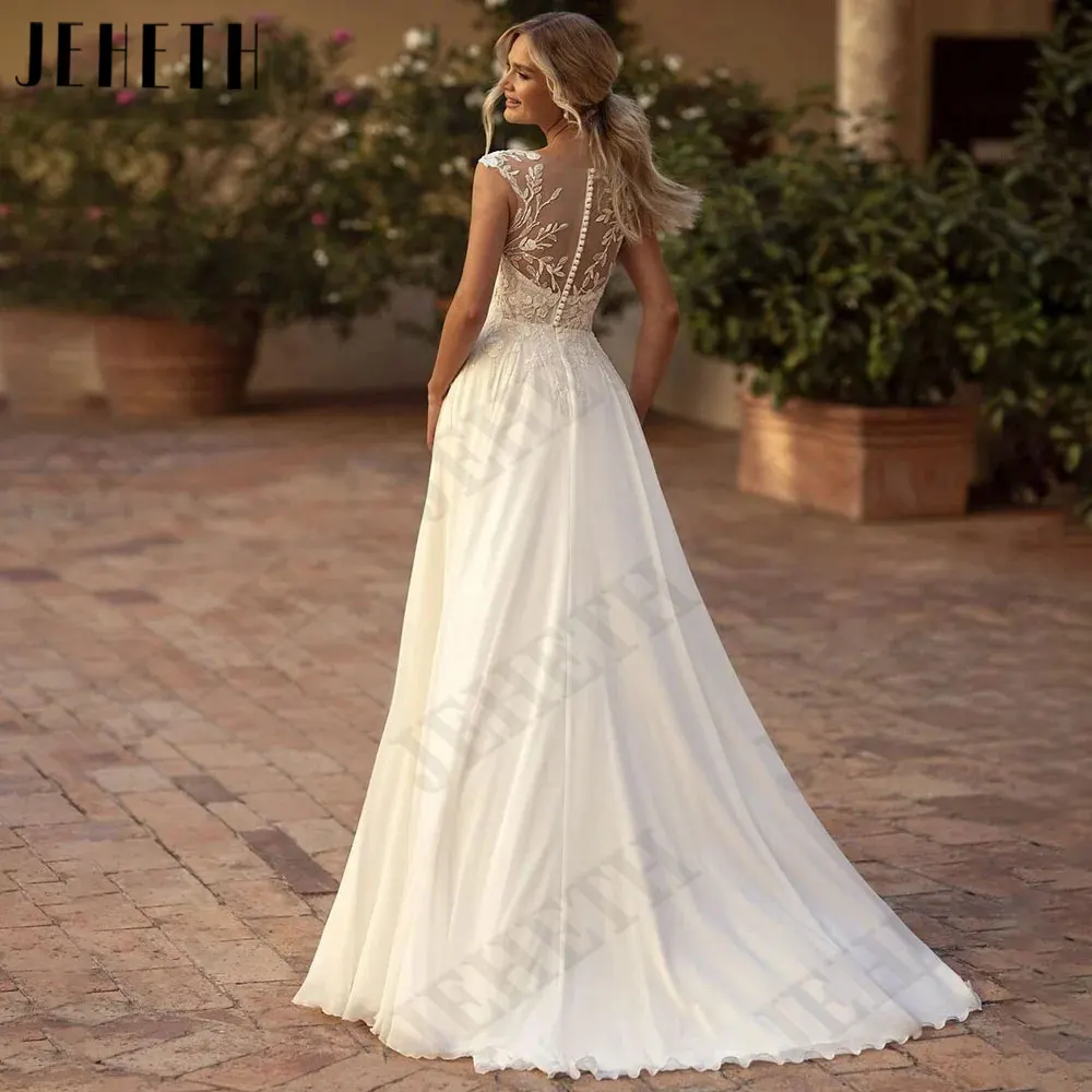 JEHETH Appliques Chiffon a-line abiti da sposa senza maniche con spacco laterale abiti da sposa con scollo a v bottoni posteriori vestido de noiva casamentoJEHETH Appliques Chiffon a-line abiti da sposa senza maniche c