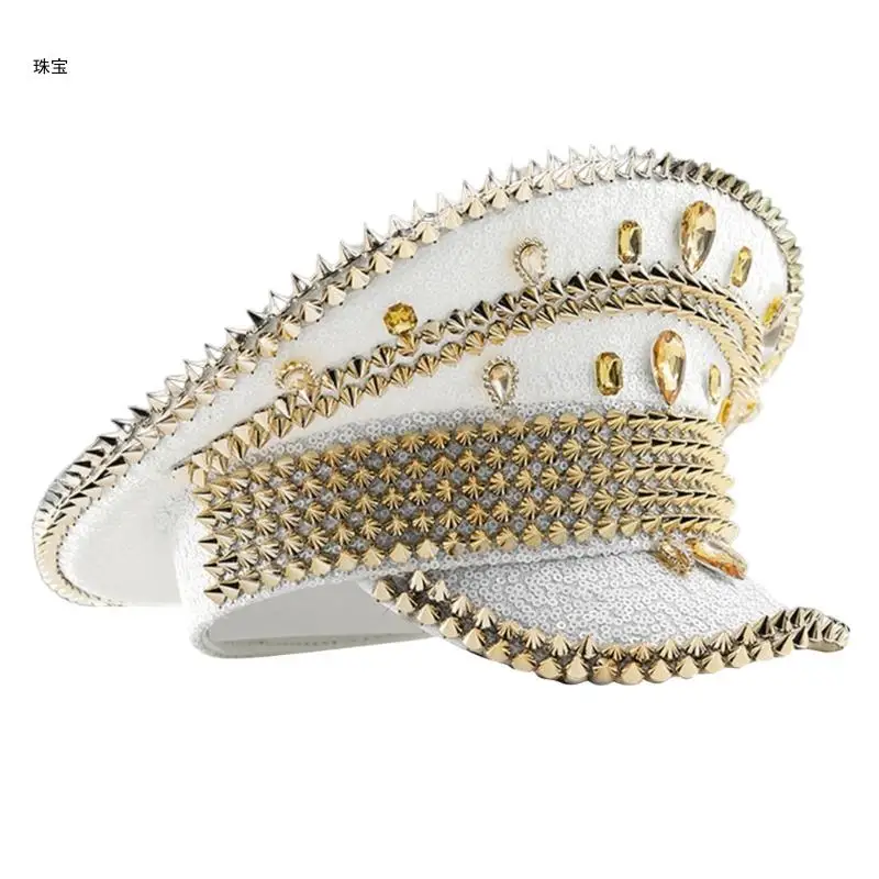 X5QE Jeweled Hat Glinting Crystal Rivets Captain Hat for Carnivals Music Festival