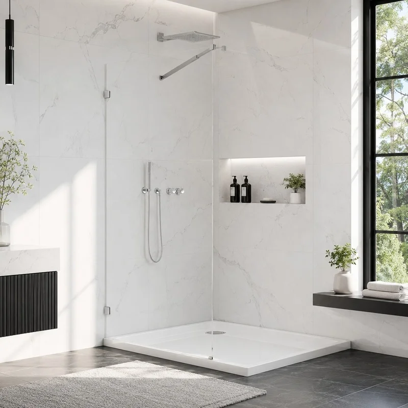 

36" W x 76" H Frameless Fixed Shower Glass Panel, 10mm Clear Tempered Glass with Safety Film and Nano Coating, Wall Clamp, Chrome Finish