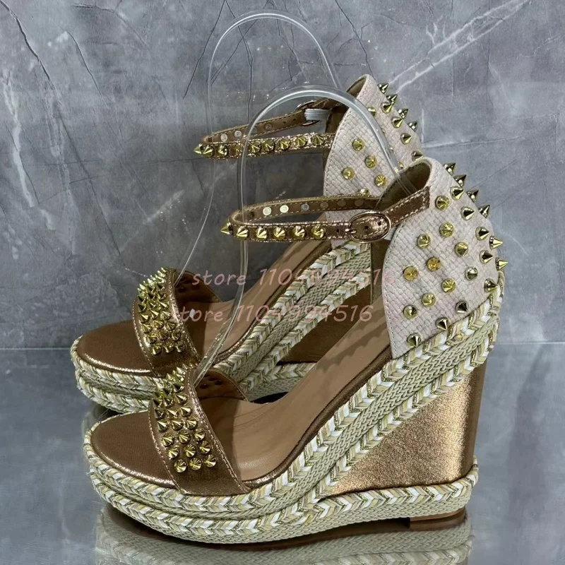 Gold Rivet Weave Wedges Sandals Women Open Round Toe Buckle Strap Platform High Heels Sexy Fashion Party Ladies Summer Shoes New