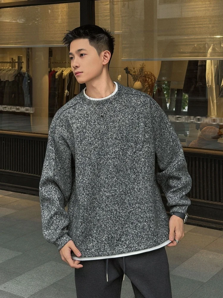 

Autumn Winter Thickened round Neck Sweatshirt Men's Fashionable Versatile 3D Cutting Casual Top Brushed Two-Piece Style Bottom