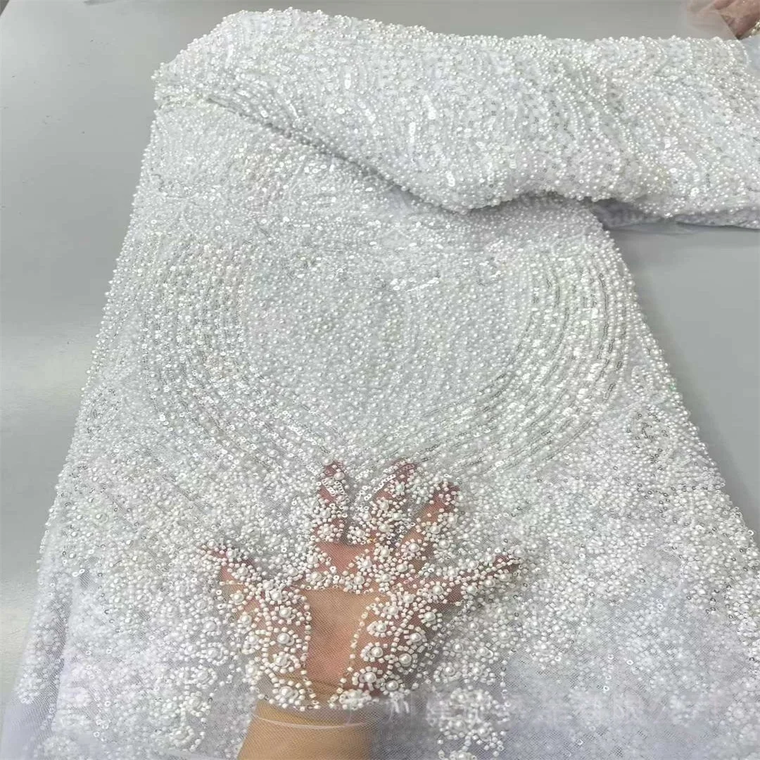 7 Colors Luxury Evening Party Gown Mesh Wedding Dress Sequin Fabric Beaded Embroidered Pearl Striped Material Accessories
