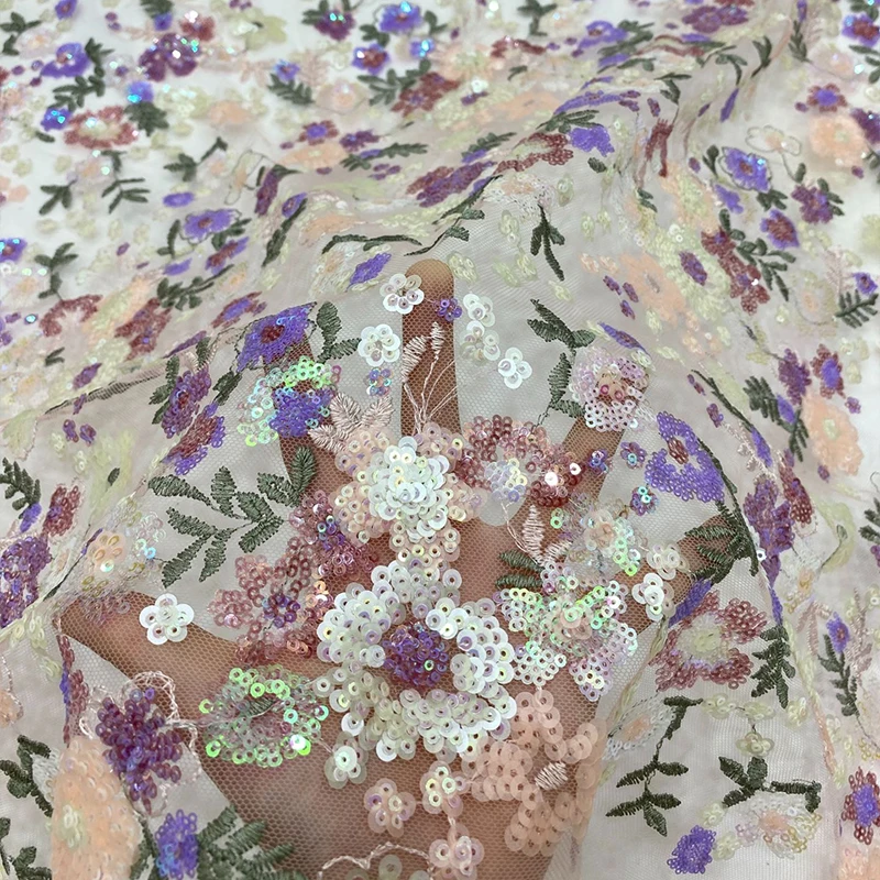 

1 ярд, нигерийская кружевная ткань с вышивкой и блестками, высокое качество, французская африканская кружевная тюль, ткань для свадебного вечернего платья, Cheongsam