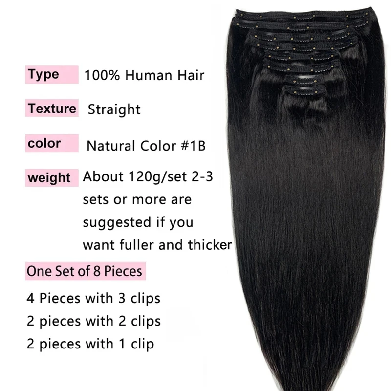 Grampo em extensões de cabelo extensões de cabelo humano invisível natural cabelo reto sem costura clip-in extensões de cabelo # 1B