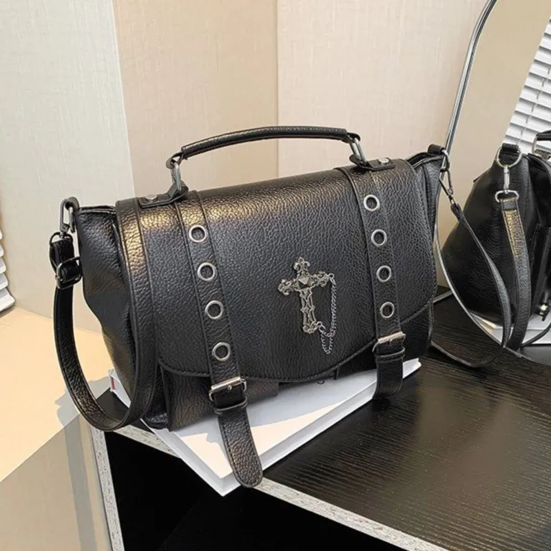 JIAERDI Retro Cross Black Messenger Bag Women Gothic Dark Leather Handle Square Bag Y2k Ladies Hot Girls Casual Crossbody Bags