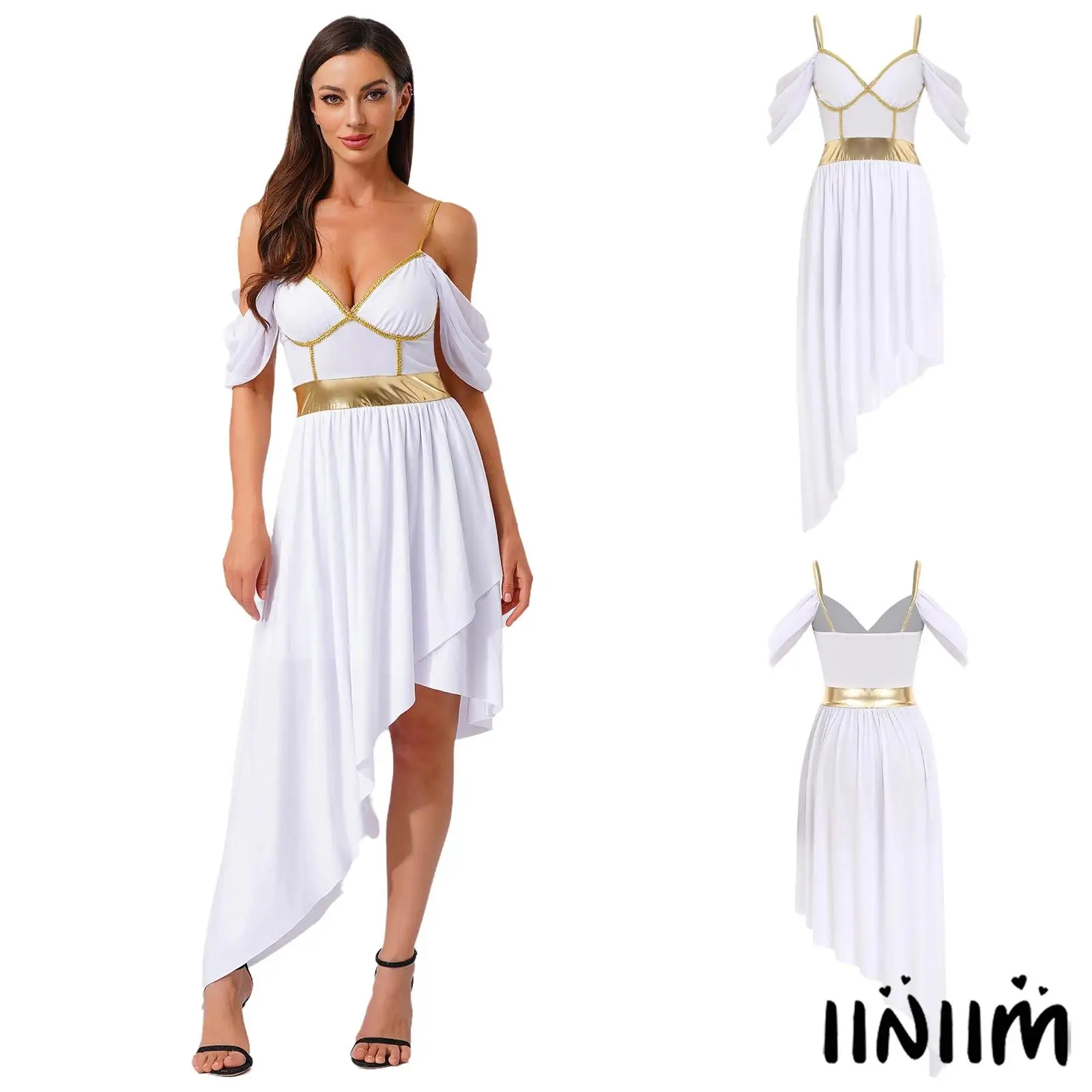 

Ancient Greek Roman Queen Cosplay Costume Womens Metallic Shiny Off Shoulder Asymmetrical Hem Sling Dress for Halloween Party