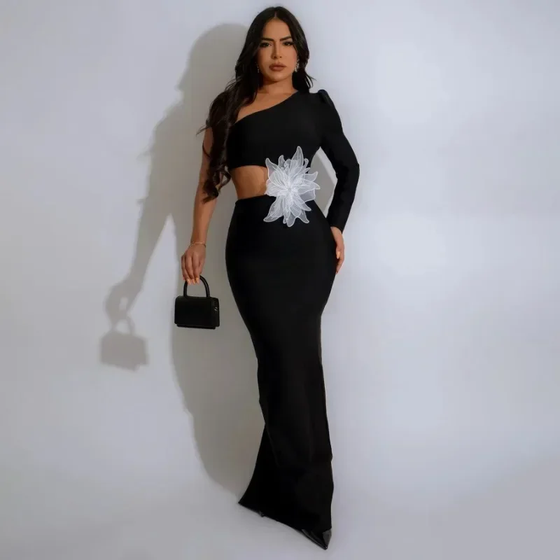 GUWU فستان نسائي طويل بخصر ثلاثي الأبعاد على شكل زهرة بكتف واحد فستان طويل لقضاء عطلة الشاطئ والسهرة وحفلات الشارع فساتين فيستدوس