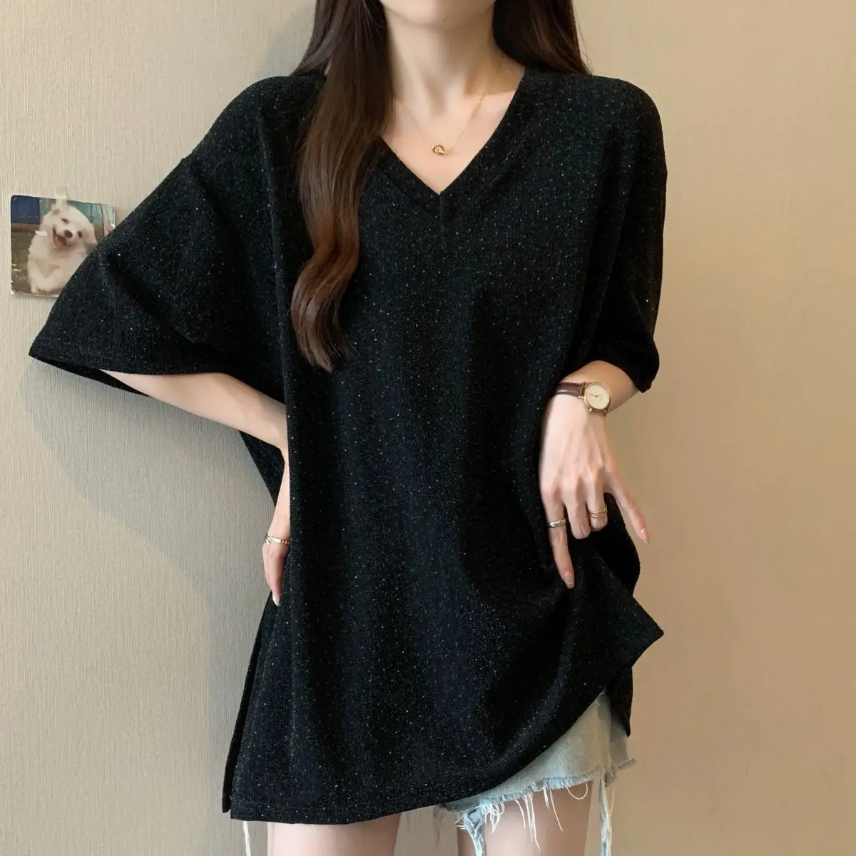 Large size women's clothing spring and summer new commuter style loose and thin thread split V-neck short-sleeved T-shirt
