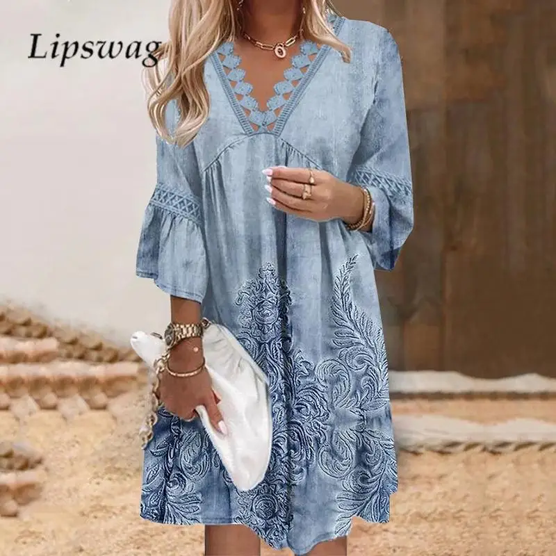 

Vintage Ladies Lace Splicing Loose A-Line Dress Summer Flared Half Sleeve Mini Dress Casual V Neck Flower Print Women Dress 2024