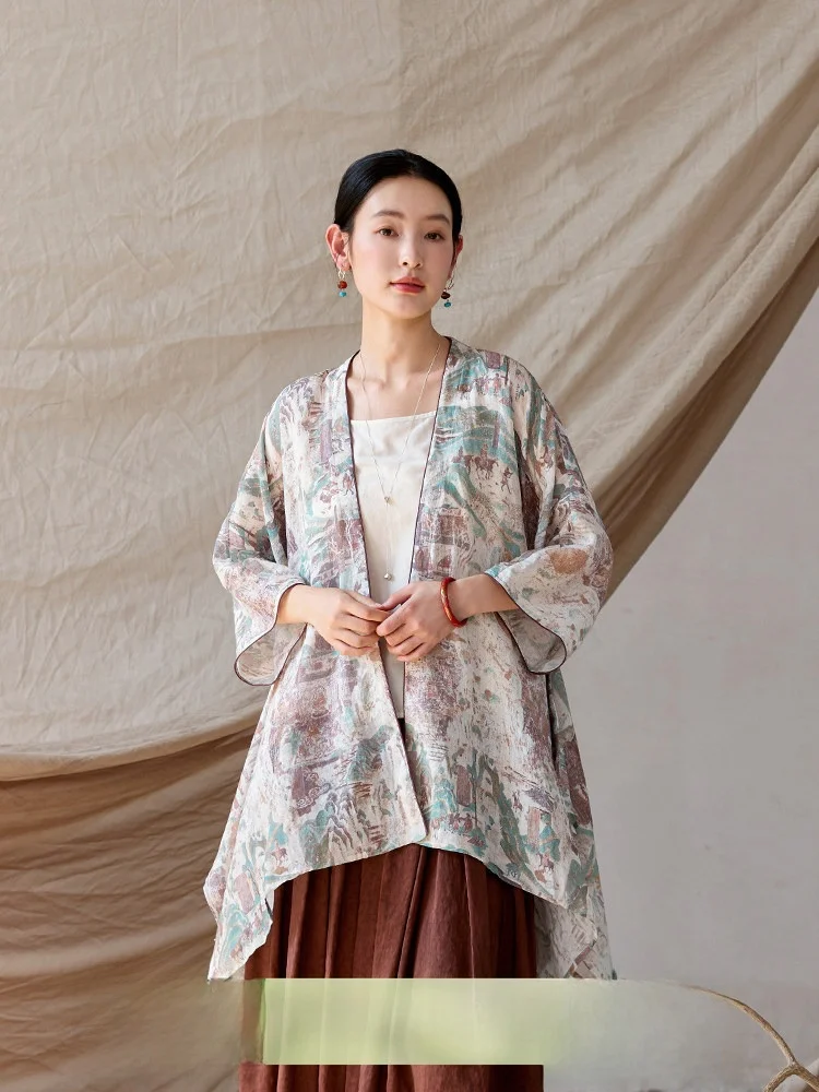 

Hua Xian Original Design Hemp Printed Casual Outerwear Women's Summer Travel Sun Protection Coat Loose Fit Comfortable ort ...