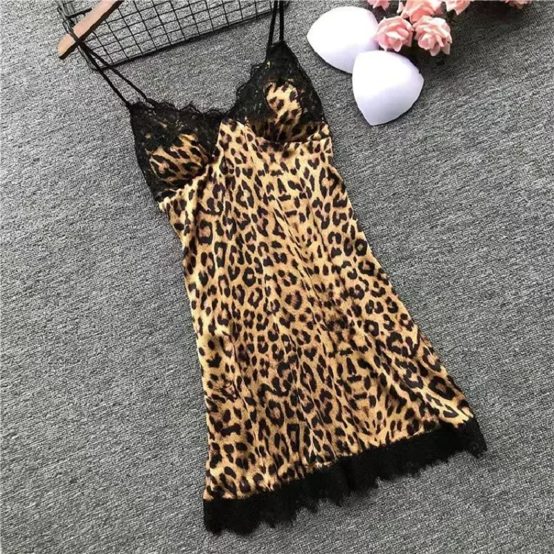 Womens Imitation Silk Bathrobe, Leopard Print With Lace Nightdress ,Home Clothes