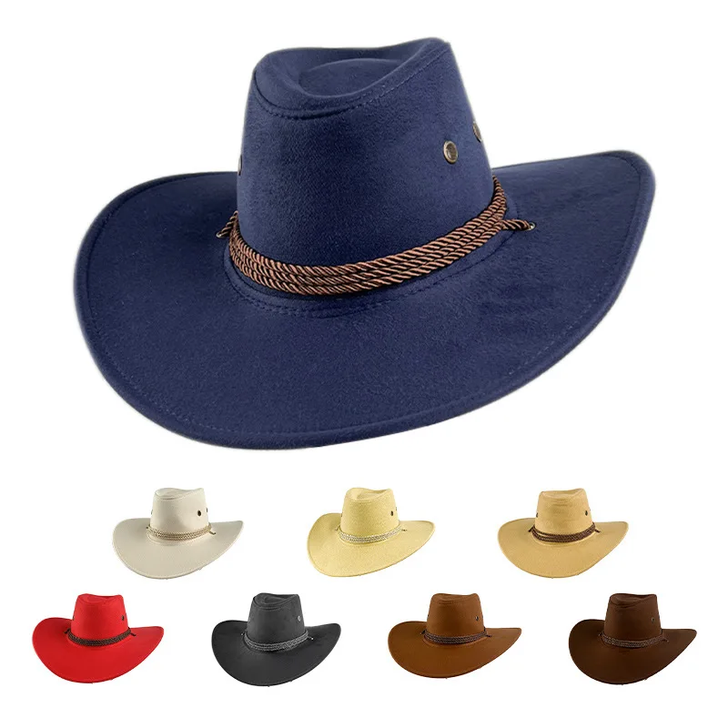

Classic Faux Suede Western Cowboy Hat Unisex Wide Brim Fedora Jazz Cap with Rope Decor Retro British Style Outdoor Party Sun Hat