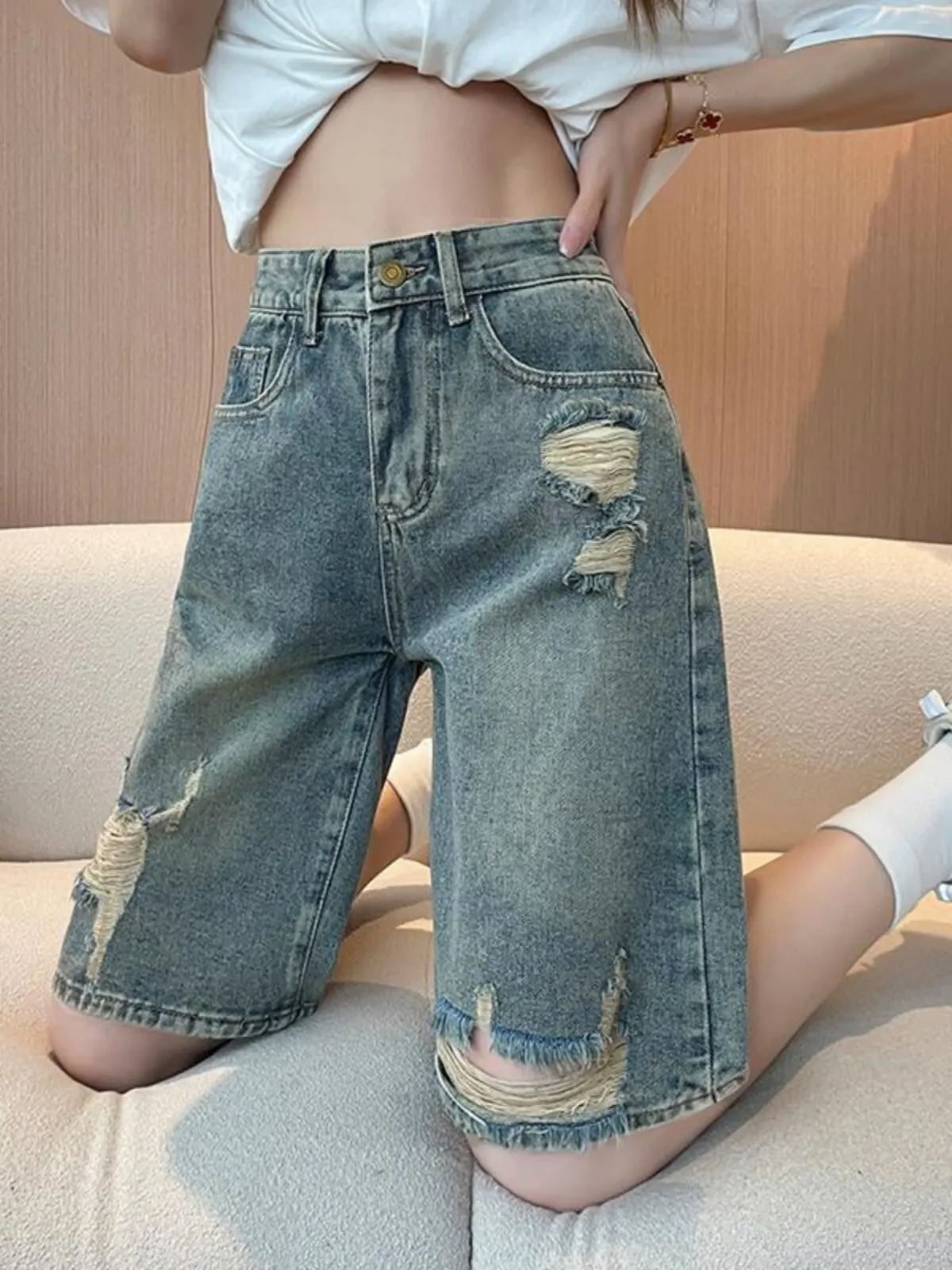 

Рваные джинсовые шорты для женщин, летние, тонкие, с высокой талией, А-силуэт, свободные, облегающие, в стиле ретро, широкие, средней длины