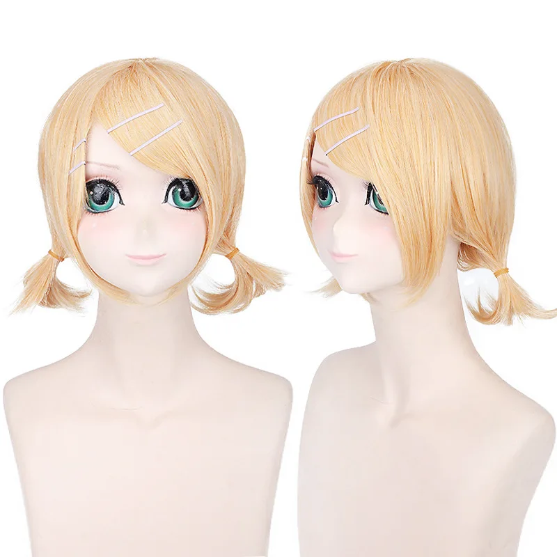 Synthetic Cosplay Wig Mi-ku Inspired Long Straight Gold Twins Sisters Meltdown Rin Style Heat Resistant Fiber Hair