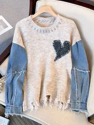 Women Sweater Patchwork Denim Long Sleeve O-Neck Loose Heart Chic Pullovers Simple Knitted Autumn Winter 2023 New Knit Jumpers