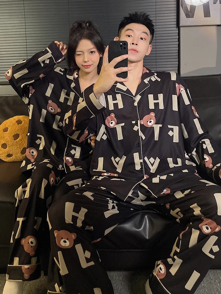 طقم ملابس نوم من DAIMELU بيجامات للزوجين للسيدات للربيع والخريف كارتونية لطيفة على شكل دب بأكمام طويلة ملابس نوم للرجال بدلة تنحيف #4