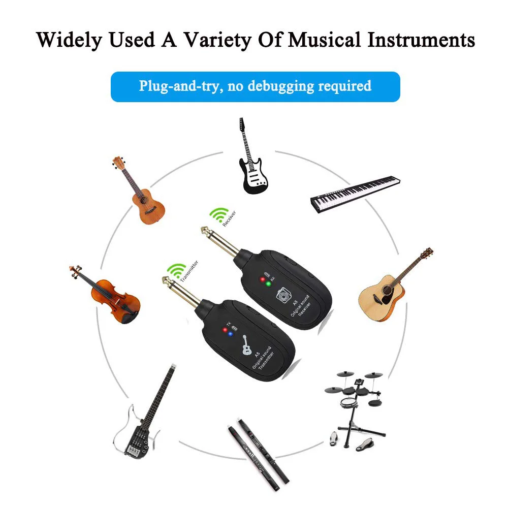 Sistema inalámbrico de guitarra, transmisor receptor recargable de transmisión acústica de 20Hz-20KHz para bajo de guitarra eléctrica