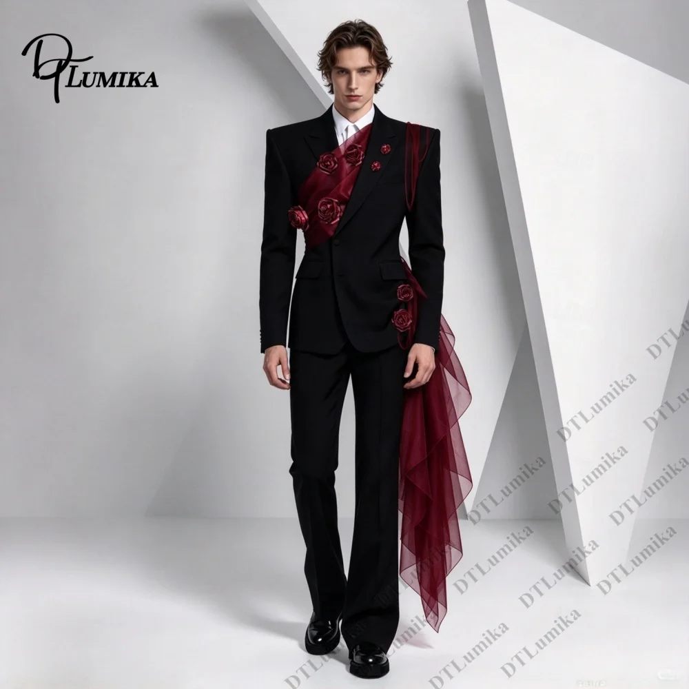 Artistic Black Men Suit Floral Decorated Blazer & Trousers Bespoke Fashion Stage Costume, Creative Wedding Photoshoot Outfit