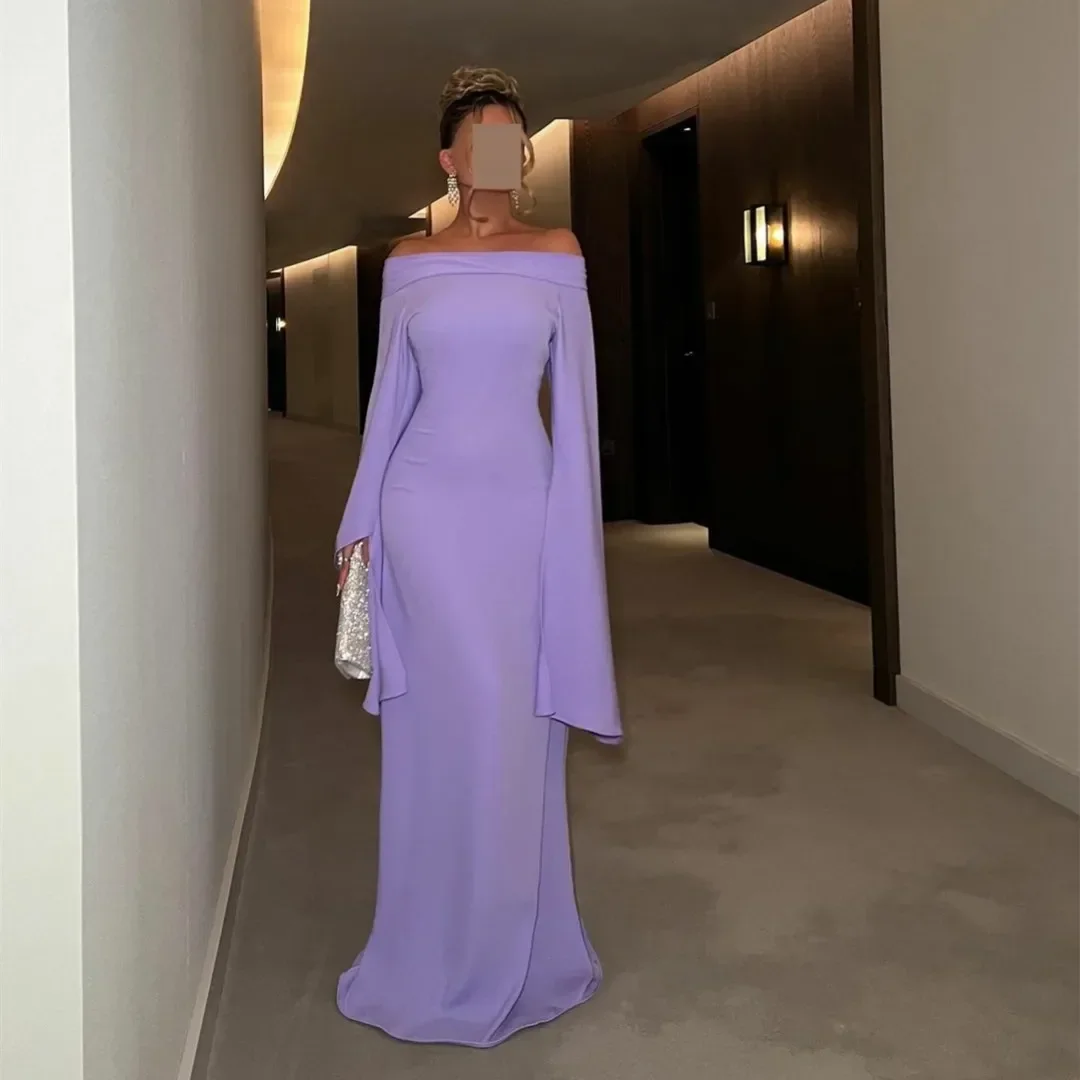 Customized Elegant Long Lilac Pleated Evening Dresses with Sleeves Mermaid Boat Neck Floor Length Prom Dresses for Special Ocn