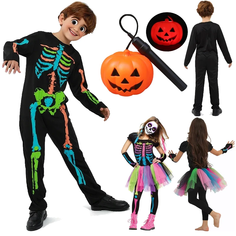 

Halloween Rainbow Skull Girl Dress Cosplay Costumes for Boys and Girls Carnival Fancy Clothes Halloween Party Dresses for Kids