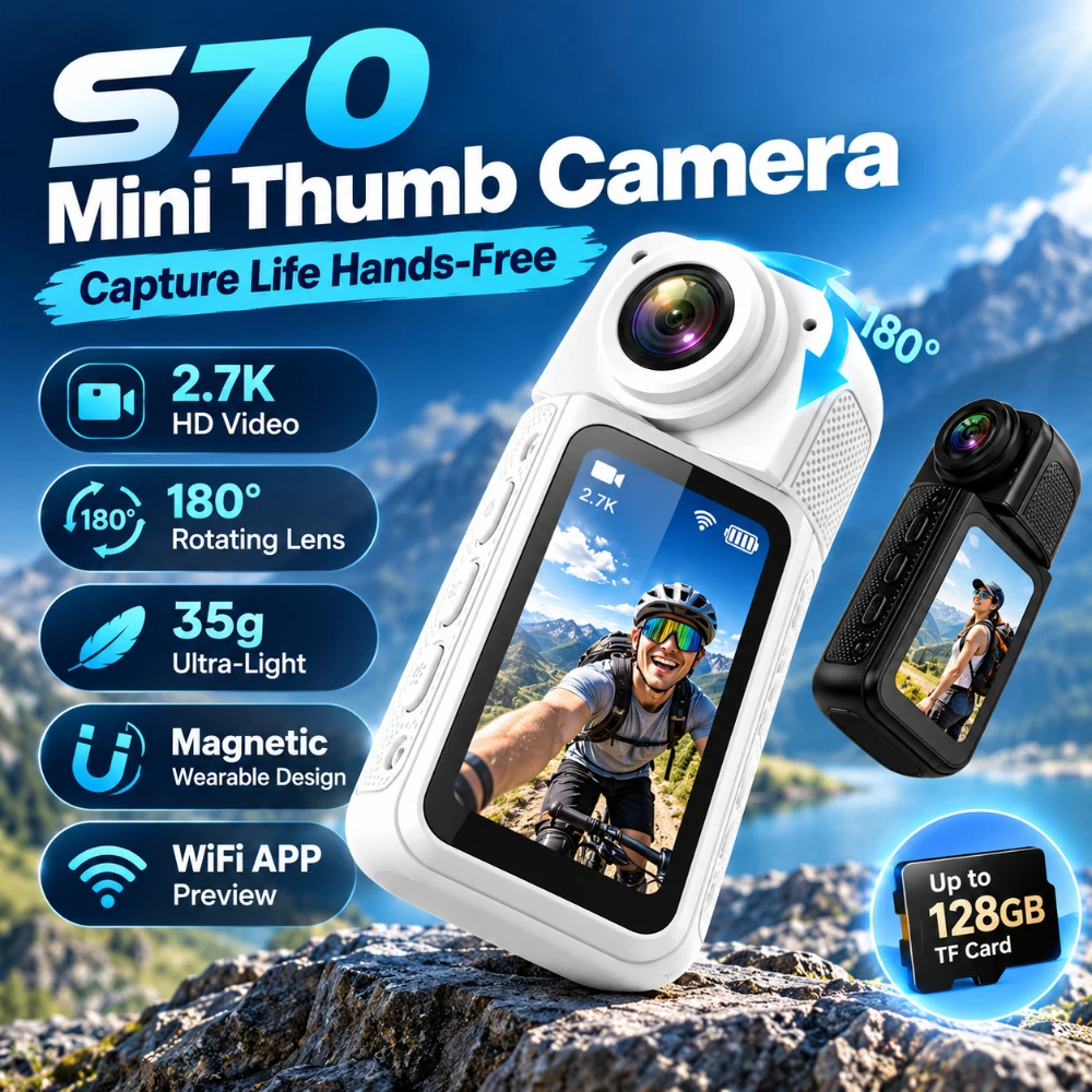 Thumb Action Camera 2.7K Wearable  Vlog Camera 180° Rotating Lens Magnetic Clip First Person View Cycling Outdoor Video Recorder