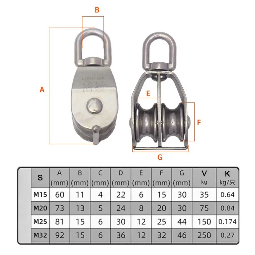 M15/20/25 Stainless Steel Single Double Groove Pulley Heavy Duty Steel Traction Wheel Swivel Lifting Rope Pulley Block Tool