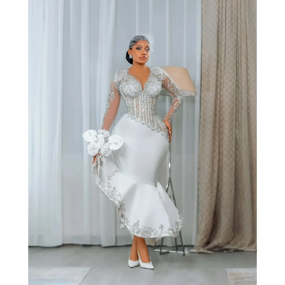 Elegant African Long Sleeve Short Wedding Dress Lace Beaded Mermaid Bridal Gown Black Women's Birthday Party Dress