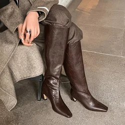 Women's genuine leather 5.5cm thin high heel square toe slip-on autumn knee high knight boots elegant ladies long boots shoes