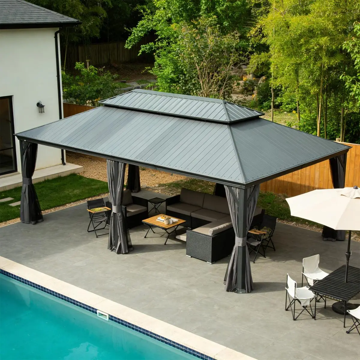 14'x20' Hardtop Gazebo with Resin Roof, Outdoor Metal Gazebo with Drainage Gutters, Permanent Heavy Duty Pavilion for Patio, Backyard and Deck, Curtains and Mosquito Netting Included On-Site