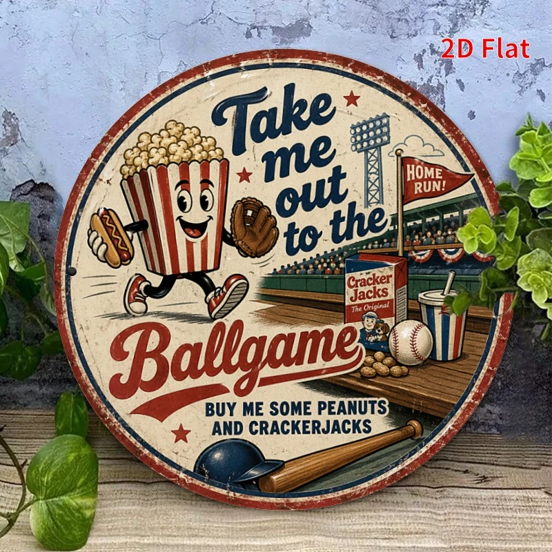Take Me Out to The Ballgame Round Sign, Retro Baseball Wall Decor, Vintage Sports Metal Sign for Fans